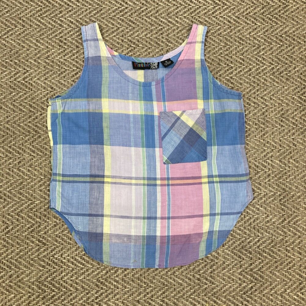 Vintage 90s Women Purple Plaid PINOT NOIR Top Sleeveless Pocket Size Medium